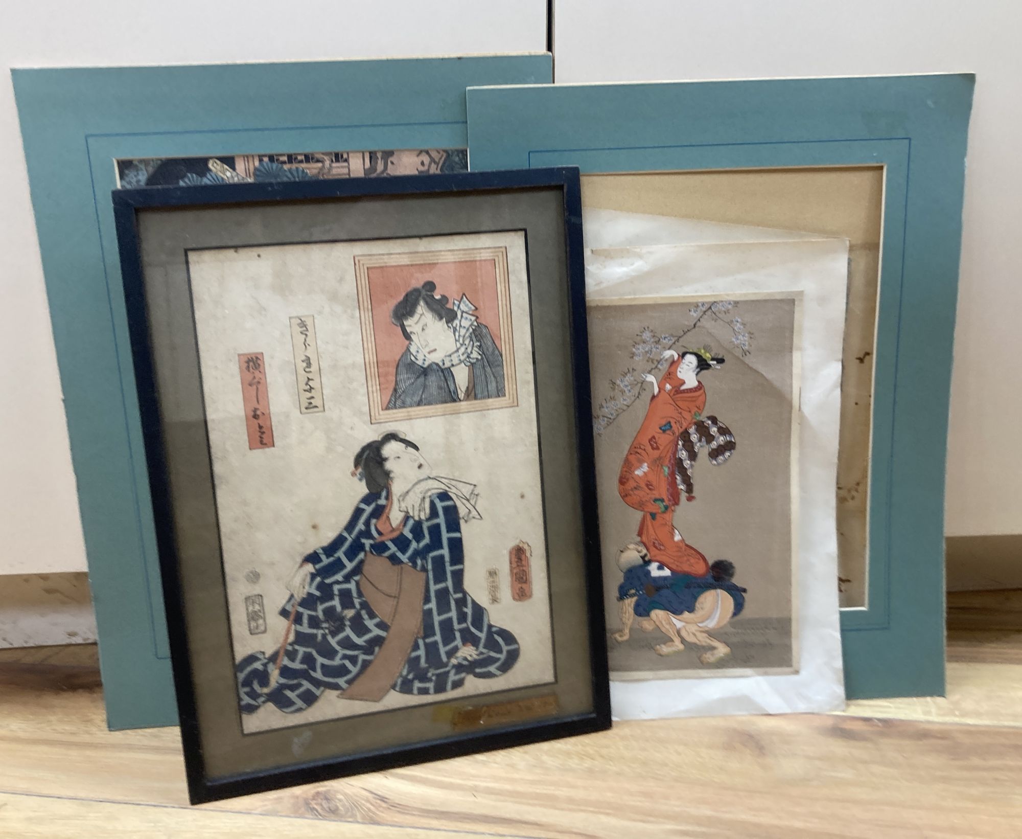 Two late 19th century Japanese woodblock prints depicting Samurai, 37 x 25cm and three other prints